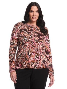 Rafaella Brown Pink Paisley Long-Sleeve Knit Top